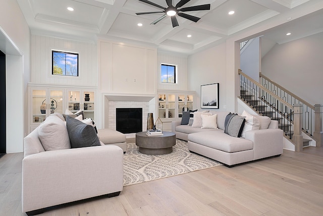 9015 Fox Field Path, Plain City, OH 43064 - living room with a ceiling fan, coffered ceiling, stairway, beam ceiling, and wood finished floors