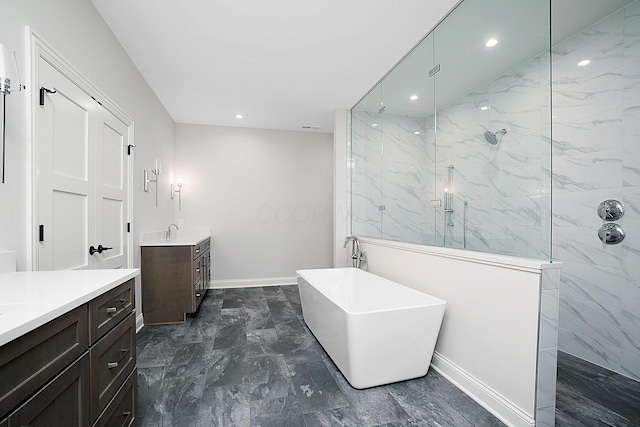 9015 Fox Field Path, Plain City, OH 43064 - full bath featuring a marble finish shower, marble finish floors, vanity, recessed lighting, and a freestanding bath