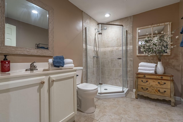 8738 Birch Brook Loop NW, Pickerington, OH 43147 - full bath featuring toilet, a shower stall, vanity, tile patterned flooring, and recessed lighting