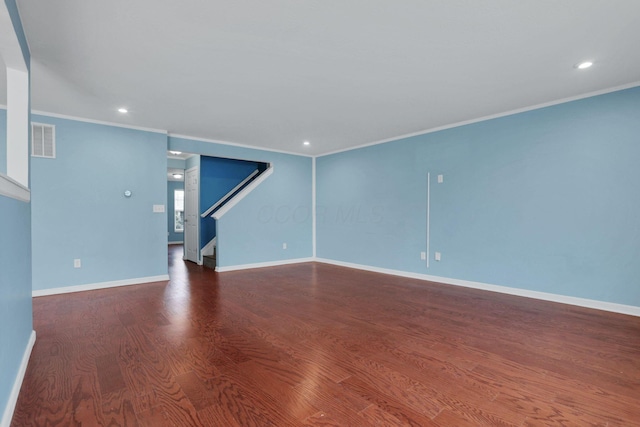 7429 Willow Leaf Dr, Canal Winchester, OH 43110 - unfurnished living room with ornamental molding, wood finished floors, stairs, recessed lighting, and baseboards