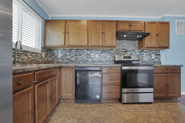 7429 Willow Leaf Dr, Canal Winchester, OH 43110 - kitchen featuring stainless steel electric range oven, under cabinet range hood, dishwasher, a sink, and tasteful backsplash