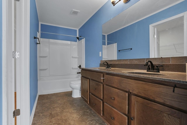 7429 Willow Leaf Dr, Canal Winchester, OH 43110 - bathroom featuring toilet, double vanity, and bathtub / shower combination