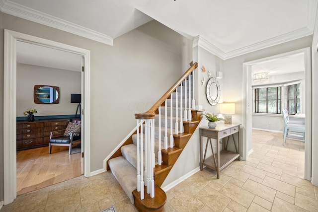 1009 Tall Tree Ct, Westerville, OH 43081 - stairway with baseboards, stone tile floors, and ornamental molding