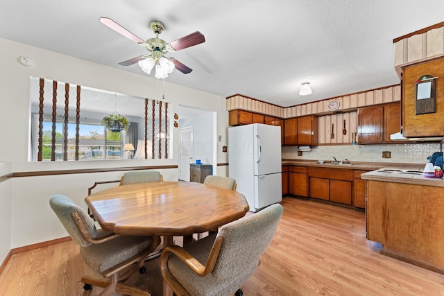 4818 Manitoba Rd, Columbus, OH 43229 - dining room with light wood-type flooring, a ceiling fan, a textured ceiling, and baseboards