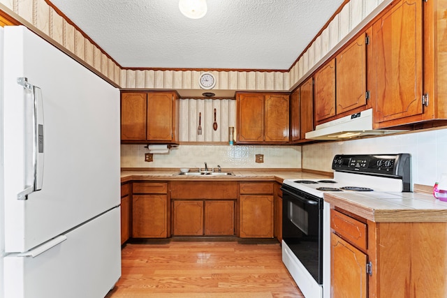 4818 Manitoba Rd, Columbus, OH 43229 - kitchen with electric stove, freestanding refrigerator, a sink, a textured ceiling, and brown cabinetry
