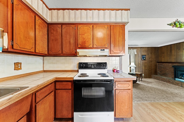 4818 Manitoba Rd, Columbus, OH 43229 - kitchen with electric range oven, under cabinet range hood, tile countertops, a textured ceiling, and light wood-style floors