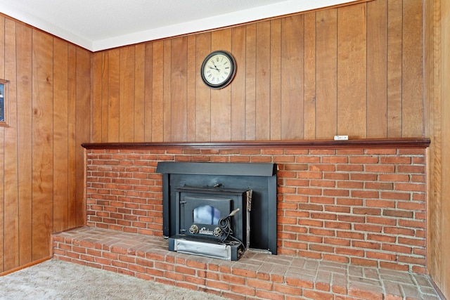 4818 Manitoba Rd, Columbus, OH 43229 - detailed view of wooden walls, a fireplace, and carpet flooring