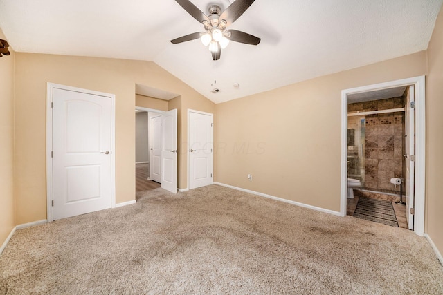 1472 Tall Meadows Dr, Columbus, OH 43223 - unfurnished bedroom featuring carpet floors, lofted ceiling, baseboards, ensuite bathroom, and ceiling fan
