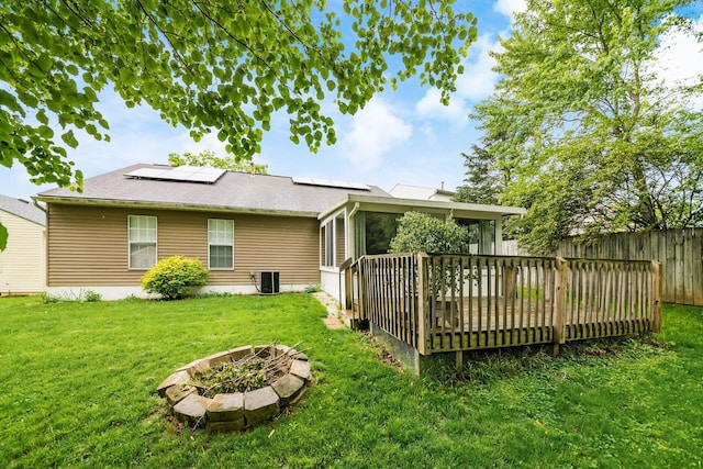 1472 Tall Meadows Dr, Columbus, OH 43223 - back of property with a sunroom, cooling unit, a wooden deck, solar panels, and an outdoor fire pit