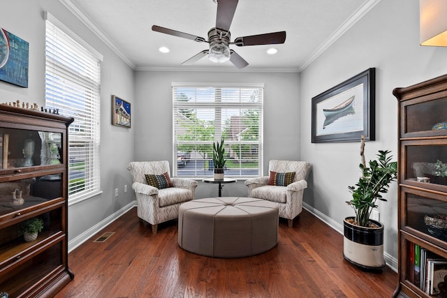 5568 Lexington Dr, Hilliard, OH 43026 - living area with ornamental molding, dark wood-style floors, a ceiling fan, baseboards, and healthy amount of natural light