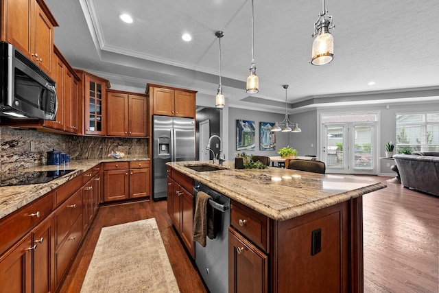 5568 Lexington Dr, Hilliard, OH 43026 - kitchen featuring stainless steel appliances, a tray ceiling, open floor plan, dark wood-type flooring, and a sink