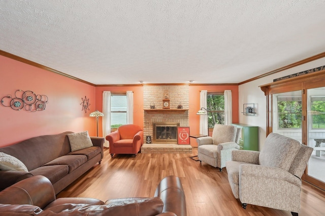 8628 N Spring Ct, Pickerington, OH 43147 - living area featuring crown molding, a textured ceiling, healthy amount of natural light, wood finished floors, and a fireplace