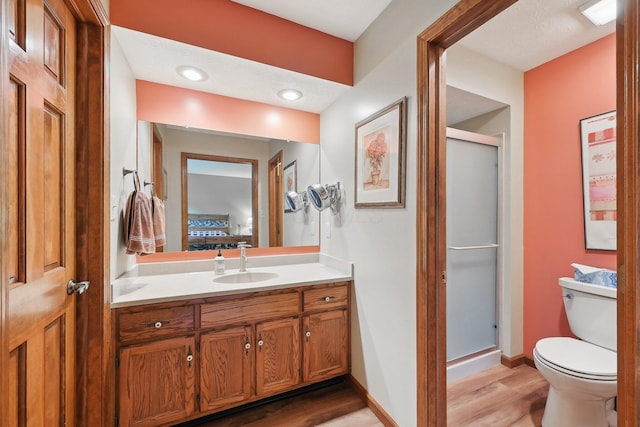 8628 N Spring Ct, Pickerington, OH 43147 - full bathroom with a stall shower, vanity, wood finished floors, toilet, and connected bathroom