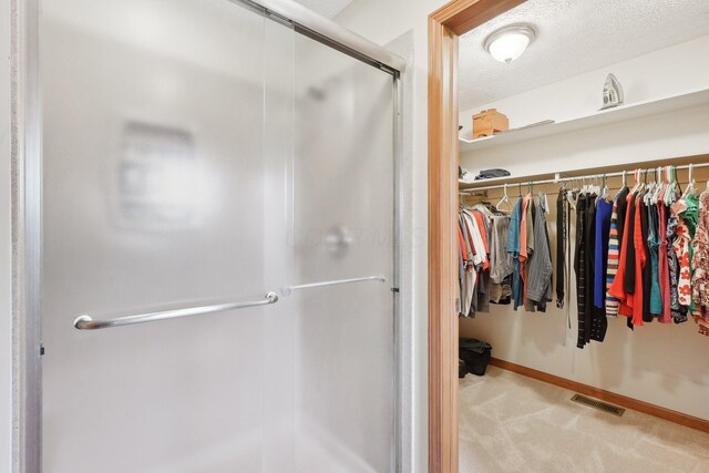 8628 N Spring Ct, Pickerington, OH 43147 - full bath with a shower stall, a walk in closet, baseboards, and a textured ceiling