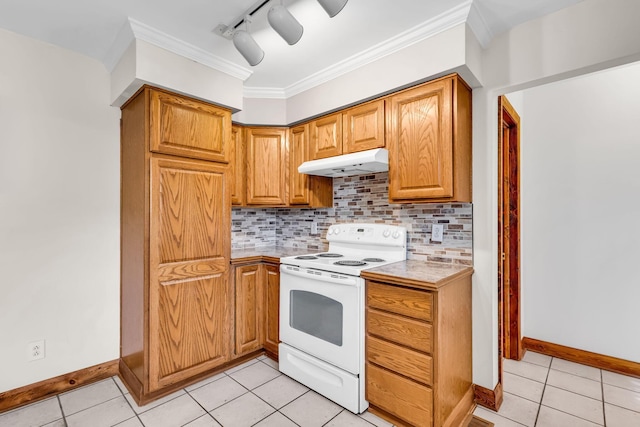 3350 Cameron St, Grove City, OH 43123 - kitchen with white electric range oven, under cabinet range hood, light tile patterned flooring, baseboards, and crown molding