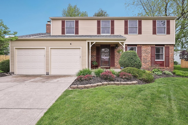 8177 Maugham Dr, Reynoldsburg, OH 43068 - view of front facade featuring concrete driveway, a front yard, brick siding, and a chimney