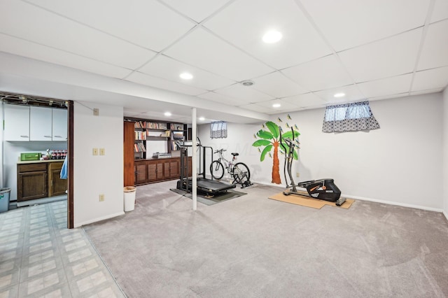 8177 Maugham Dr, Reynoldsburg, OH 43068 - exercise area with recessed lighting, carpet, baseboards, and a drop ceiling