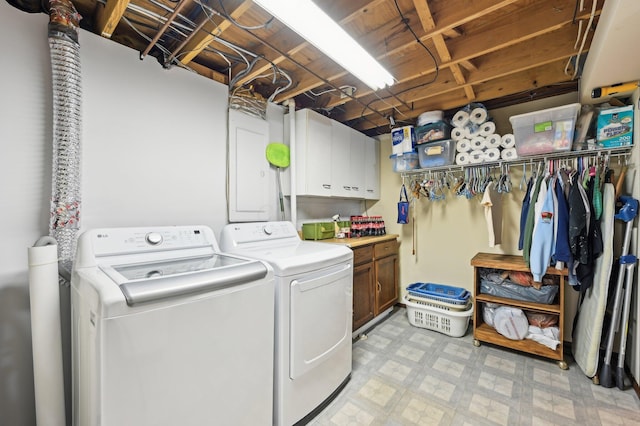 8177 Maugham Dr, Reynoldsburg, OH 43068 - washroom featuring washing machine and dryer, cabinet space, and light flooring