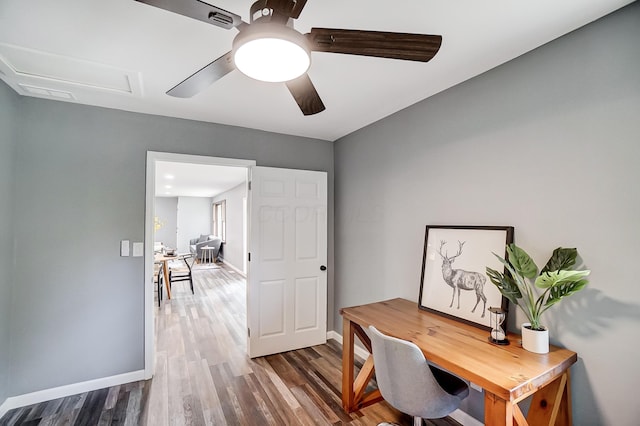 12323 Ringer Ln, Leesburg, OH 45135 - home office with baseboards, dark wood-style floors, and a ceiling fan