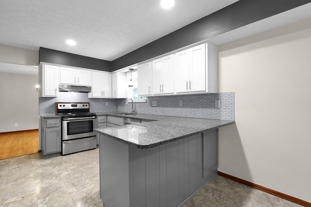 11831 Woodbridge Ln NW, Baltimore, OH 43105 - kitchen featuring appliances with stainless steel finishes, under cabinet range hood, a sink, stone countertops, and decorative backsplash