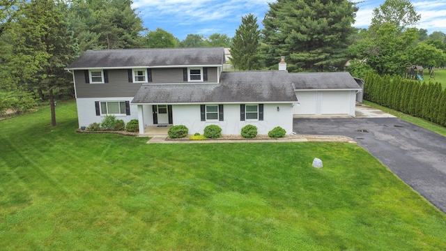 11831 Woodbridge Ln NW, Baltimore, OH 43105 - view of front of home with a front yard, a chimney, driveway, a garage, and roof with shingles