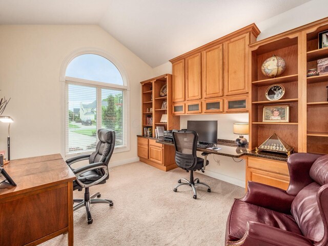 8171 Campden Lakes Blvd, Dublin, OH 43016 - home office with lofted ceiling, built in study area, light carpet, and baseboards