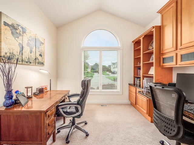 8171 Campden Lakes Blvd, Dublin, OH 43016 - office featuring light carpet, lofted ceiling, and baseboards