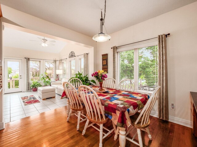 8171 Campden Lakes Blvd, Dublin, OH 43016 - dining space featuring wood finished floors, ceiling fan, lofted ceiling, and baseboards