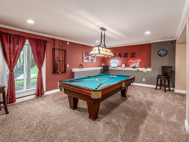 8171 Campden Lakes Blvd, Dublin, OH 43016 - game room featuring ornamental molding, carpet floors, baseboards, billiards, and recessed lighting