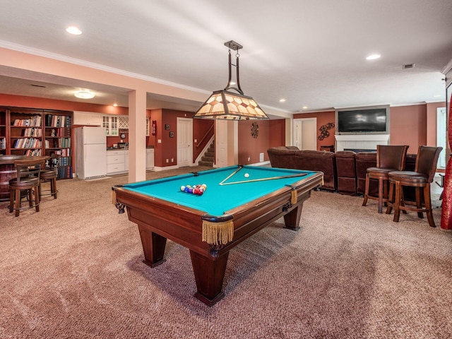 8171 Campden Lakes Blvd, Dublin, OH 43016 - recreation room with crown molding, light carpet, billiards, and recessed lighting