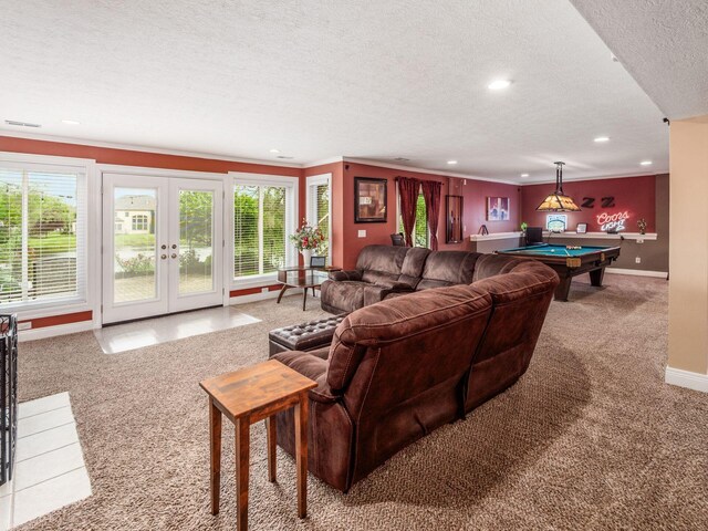 8171 Campden Lakes Blvd, Dublin, OH 43016 - carpeted living area with a textured ceiling, recessed lighting, baseboards, billiards table, and healthy amount of natural light
