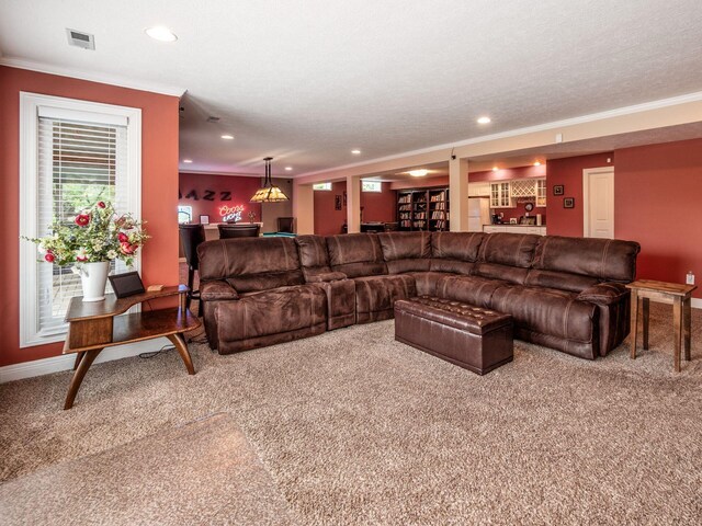 8171 Campden Lakes Blvd, Dublin, OH 43016 - carpeted living area with crown molding, recessed lighting, bar, and baseboards