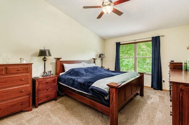 6249 Corley Dr, Dublin, OH 43016 - bedroom featuring light colored carpet, vaulted ceiling, and ceiling fan