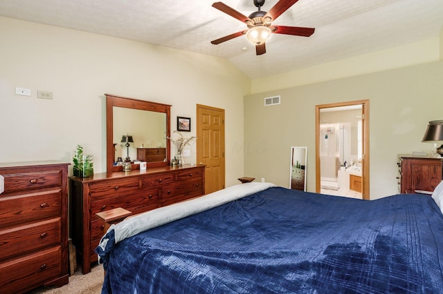 6249 Corley Dr, Dublin, OH 43016 - carpeted bedroom featuring vaulted ceiling, ensuite bath, and a ceiling fan