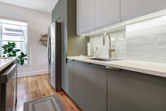 432 E Kossuth St, Columbus, OH 43206 - kitchen with stainless steel appliances, gray cabinets, modern cabinets, decorative backsplash, and light wood finished floors