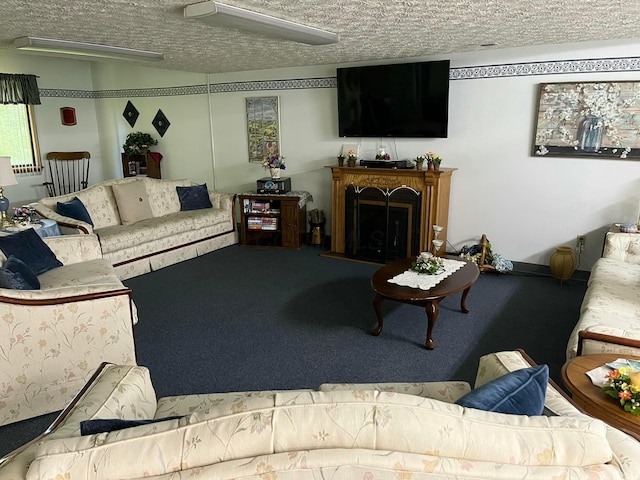 3965 Karl Rd Unit 200, Columbus, OH 43224 - living area featuring carpet floors, a textured ceiling, and a fireplace with raised hearth