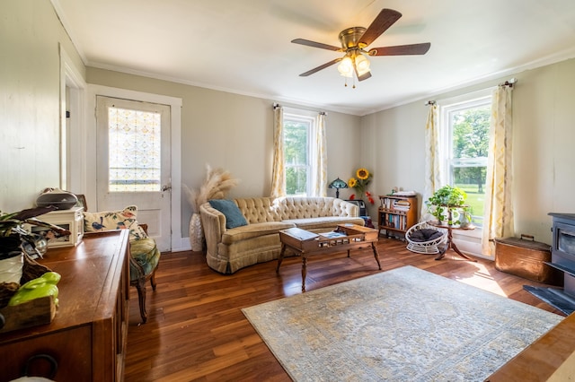 4842 State Route 734, Jeffersonville, OH 43128 - living room featuring plenty of natural light, wood finished floors, a ceiling fan, and ornamental molding