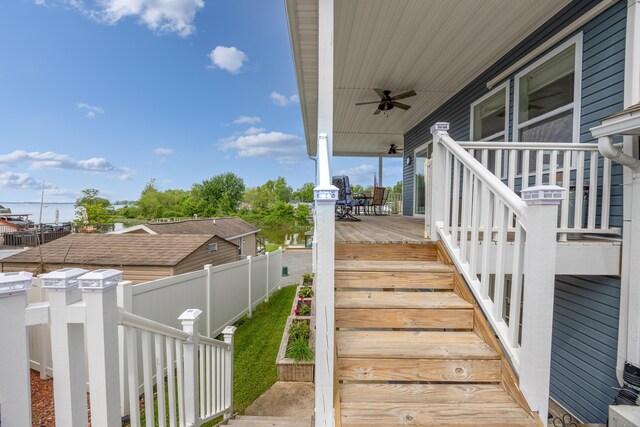 11177 Sassafrass Rd, Lakeview, OH 43331 - wooden deck with a ceiling fan and stairs