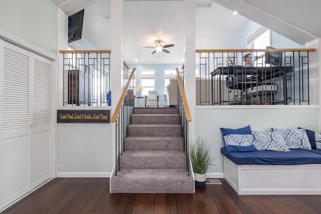 11177 Sassafrass Rd, Lakeview, OH 43331 - stairs featuring a ceiling fan, wood finished floors, vaulted ceiling, and baseboards