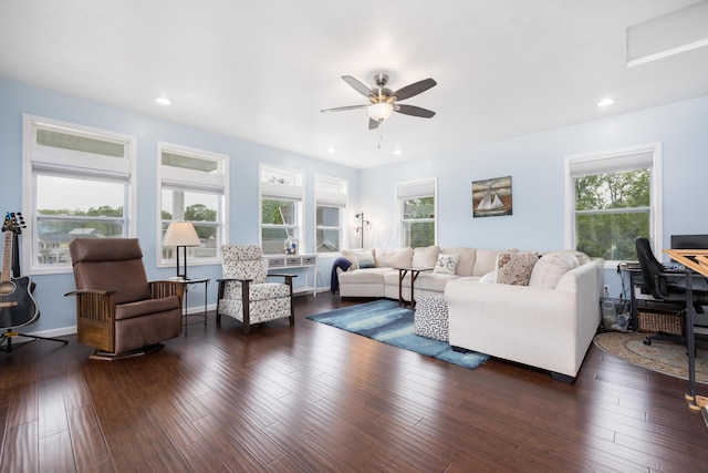 11177 Sassafrass Rd, Lakeview, OH 43331 - living room featuring ceiling fan, plenty of natural light, recessed lighting, an office area, and wood finished floors