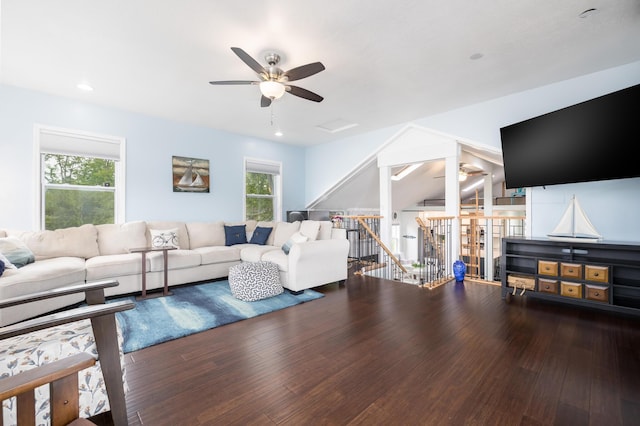 11177 Sassafrass Rd, Lakeview, OH 43331 - living area featuring a ceiling fan, wood finished floors, plenty of natural light, and recessed lighting