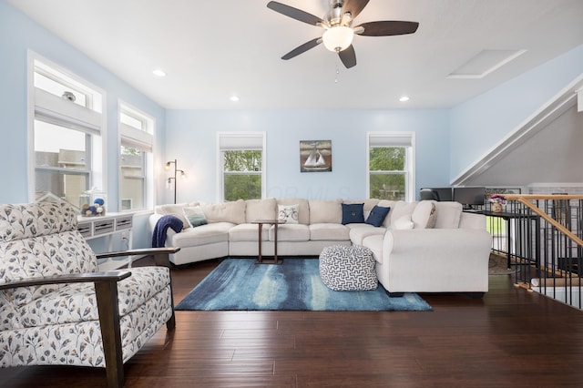 11177 Sassafrass Rd, Lakeview, OH 43331 - living room with healthy amount of natural light, ceiling fan, wood finished floors, and recessed lighting