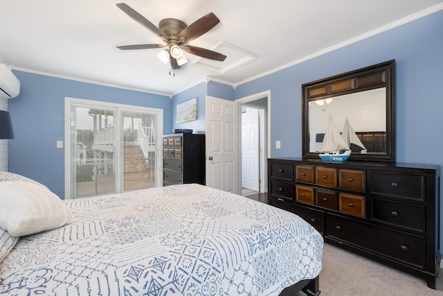 11177 Sassafrass Rd, Lakeview, OH 43331 - bedroom featuring access to outside, ornamental molding, light carpet, and ceiling fan