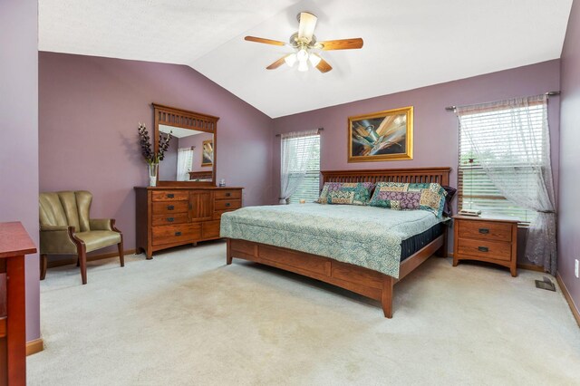 5409 Wellcrest Ct, Galloway, OH 43119 - bedroom featuring vaulted ceiling, light colored carpet, ceiling fan, and baseboards