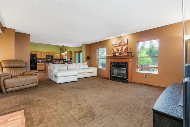 5409 Wellcrest Ct, Galloway, OH 43119 - carpeted living room featuring plenty of natural light, a high end fireplace, and a textured ceiling