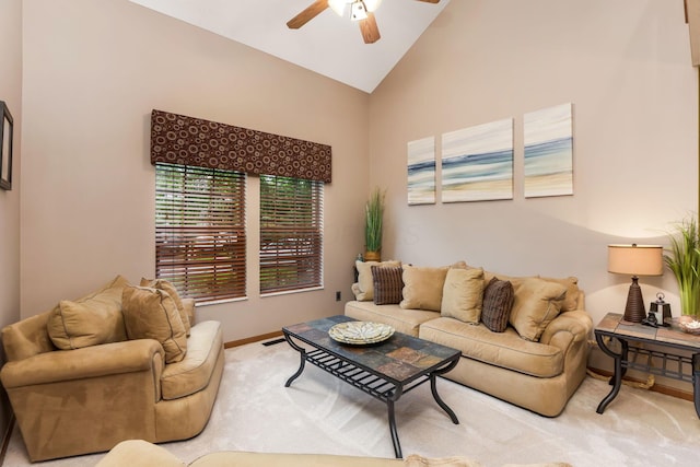 5409 Wellcrest Ct, Galloway, OH 43119 - living room with ceiling fan, carpet flooring, high vaulted ceiling, and baseboards