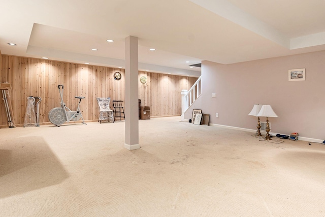 248 Academy Woods Dr, Columbus, OH 43230 - finished basement with stairway, recessed lighting, baseboards, wooden walls, and carpet flooring