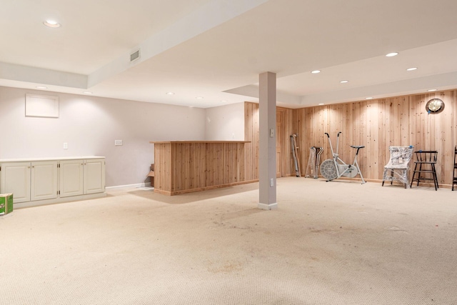 248 Academy Woods Dr, Columbus, OH 43230 - finished basement featuring wood walls, recessed lighting, a dry bar, carpet floors, and baseboards