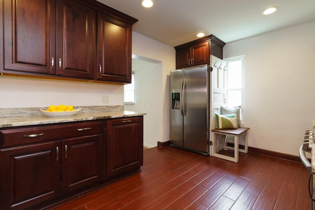 68 N Broadleigh Rd, Columbus, OH 43209 - kitchen with stainless steel fridge, dark wood-type flooring, recessed lighting, and light stone countertops