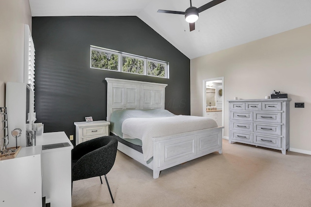 9556 Ireland Ct, Powell, OH 43065 - bedroom with high vaulted ceiling, light colored carpet, connected bathroom, ceiling fan, and baseboards